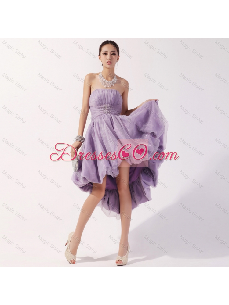 Romantic Strapless High Low Lavender Prom Dress with Beading