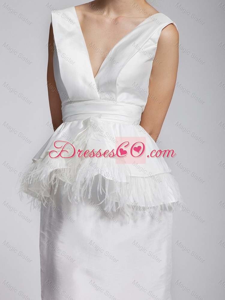 Beautiful Popular White Column V Neck Prom Dress with Feather