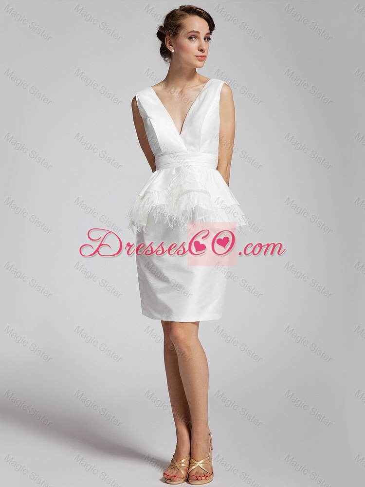 Beautiful Popular White Column V Neck Prom Dress with Feather