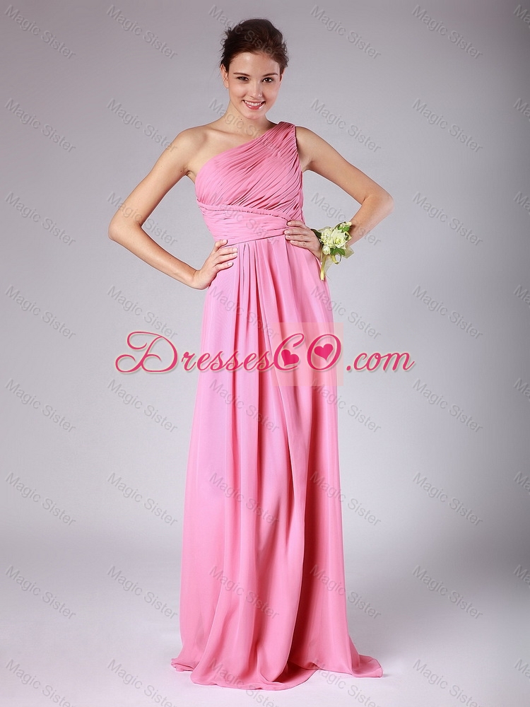Classical Empire One Shoulder Rose Pink Prom Dress with Ruching