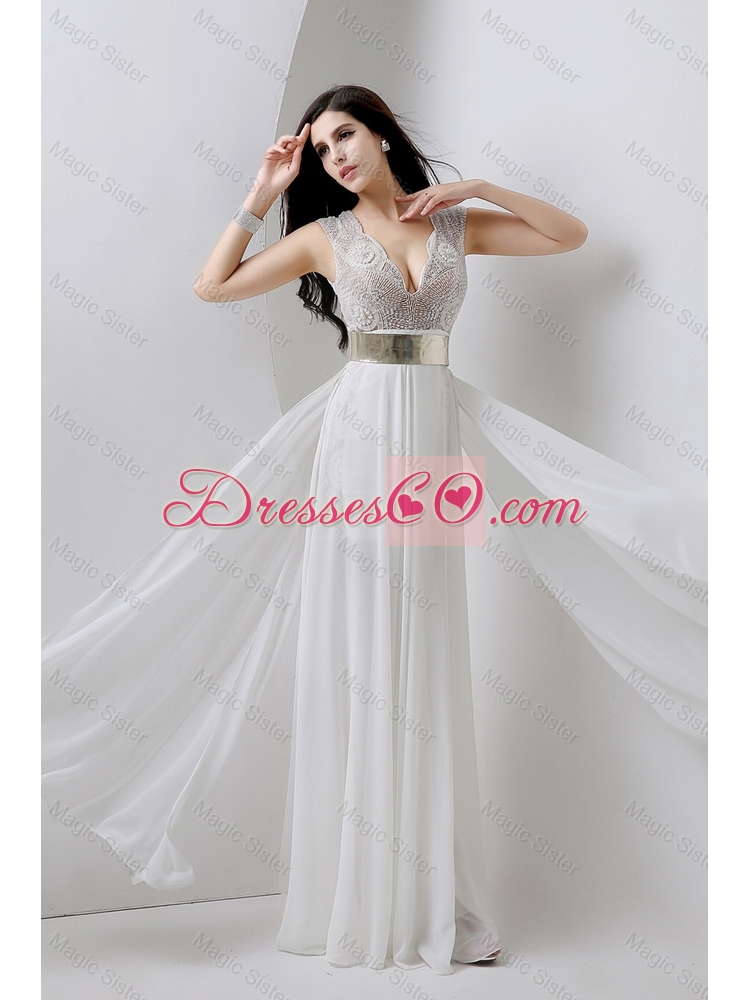 Classical Empire V Neck White Prom Dress with Beading and Belt
