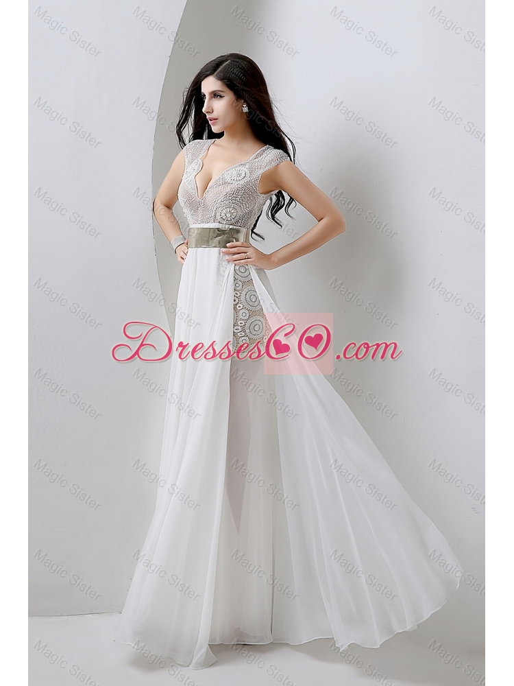 Classical Empire V Neck White Prom Dress with Beading and Belt