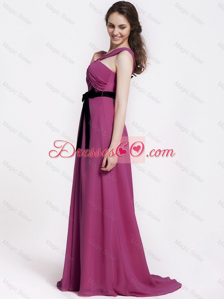 Comfortable One Shoulder Ruching and Belt Hot Pink Prom Dress for