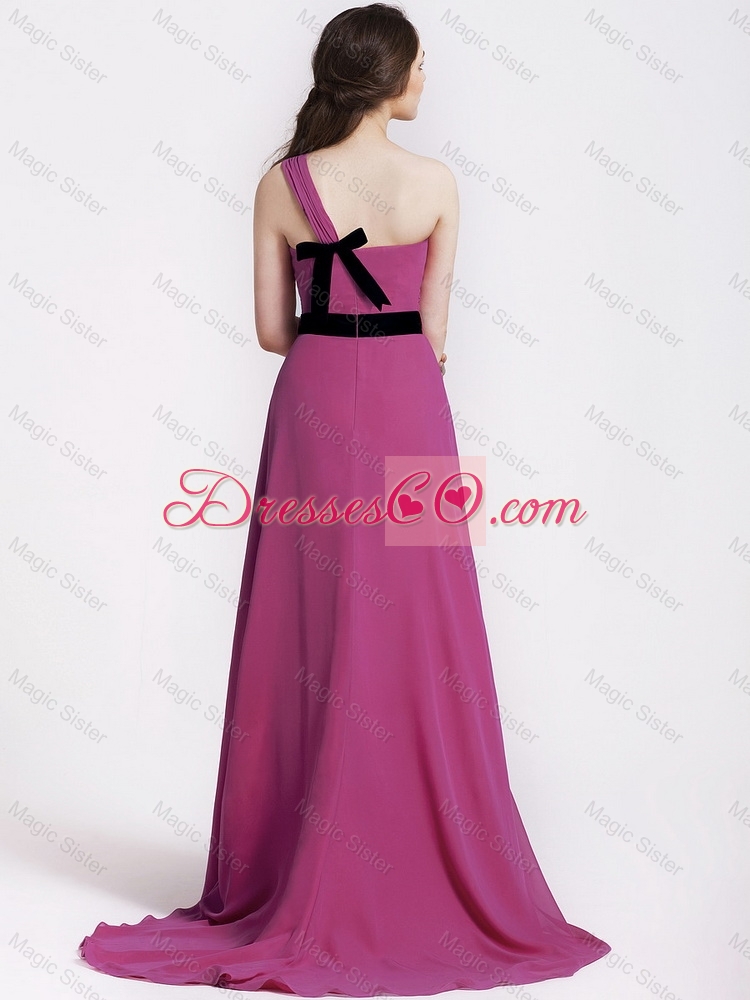 Comfortable One Shoulder Ruching and Belt Hot Pink Prom Dress for