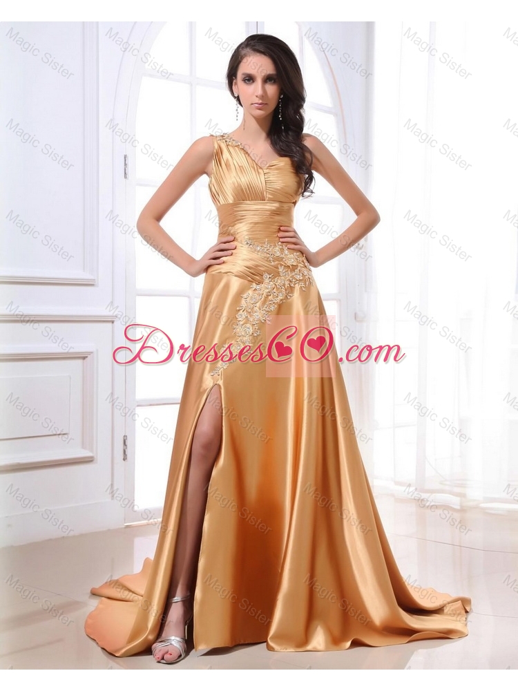 Hot Sale Gorgeous Ruching and Appliques Gold Prom Dress with Brush Train