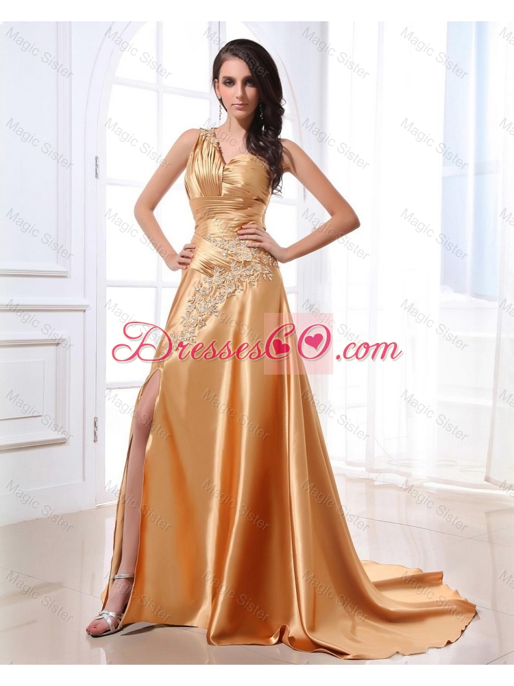 Hot Sale Gorgeous Ruching and Appliques Gold Prom Dress with Brush Train
