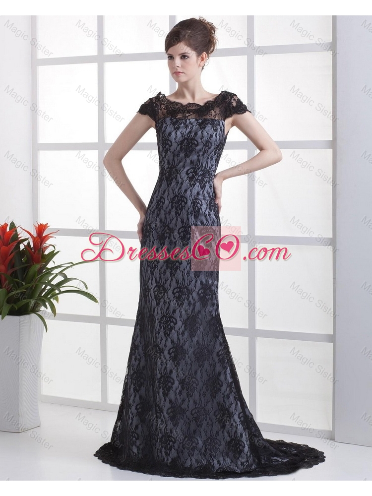 Luxurious Column Lace Black Prom Dress with Brush Train
