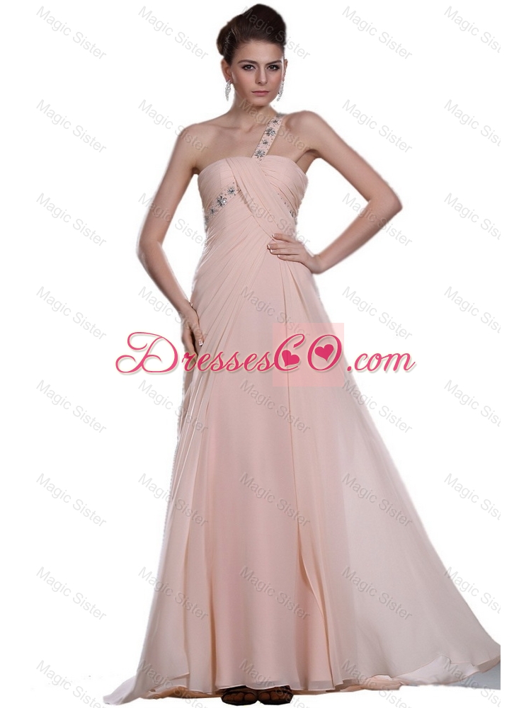 New Arrivals Beautiful Discount Beaded Brush Train Prom Gowns with One Shoulder
