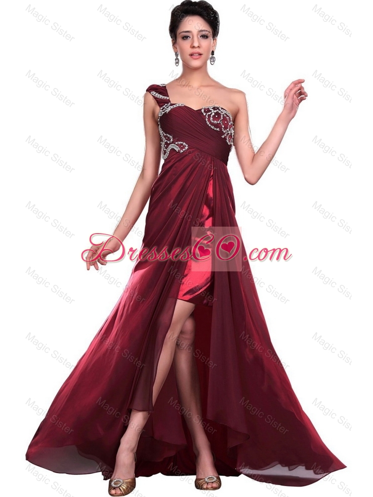 Wonderful One Shoulder Wine Red Prom Dress with Beading