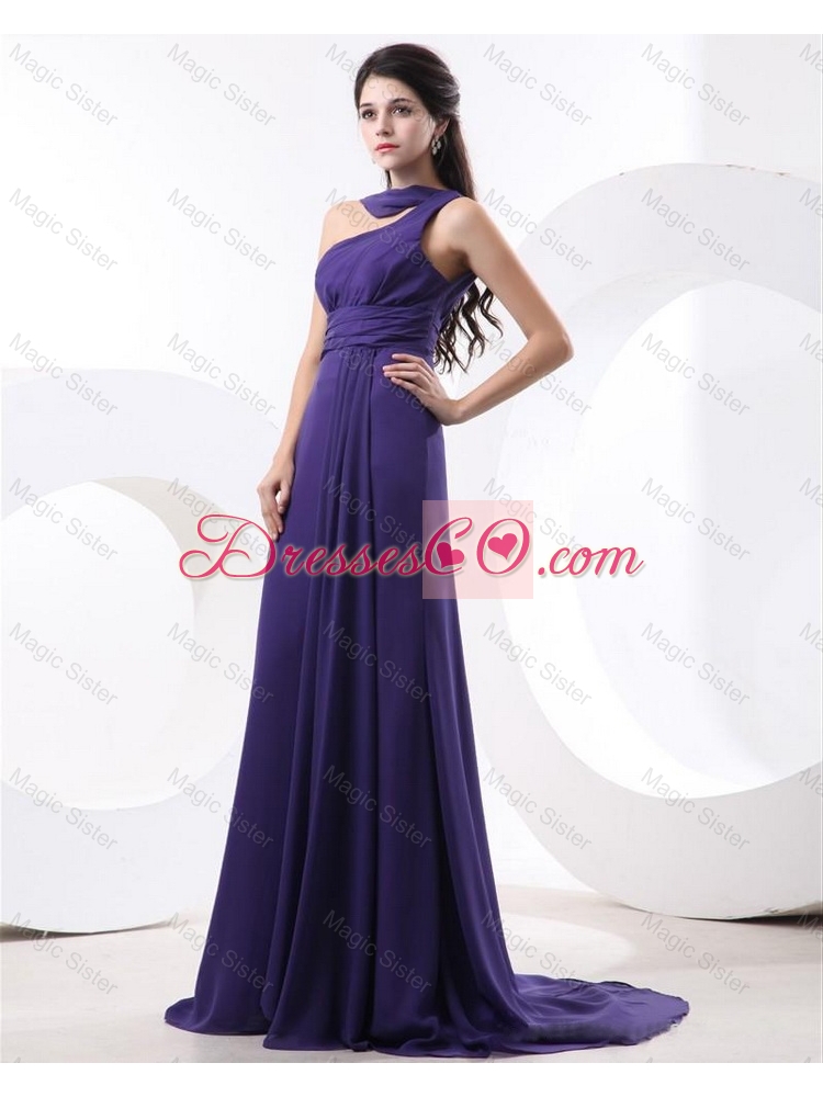 Elegant Ruching Eggplant Purple Prom Dress with Brush Train