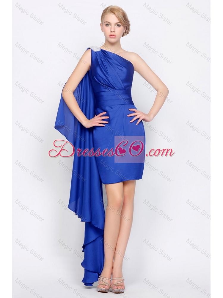 Popular New Style Discount Column One Shoulder Beaded Prom Gowns in Royal Blue