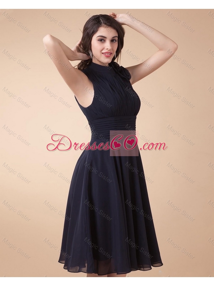 Beautiful Fashionable Discount Elegant High Neck Hand Made Flowers Prom Gowns in Navy Blue