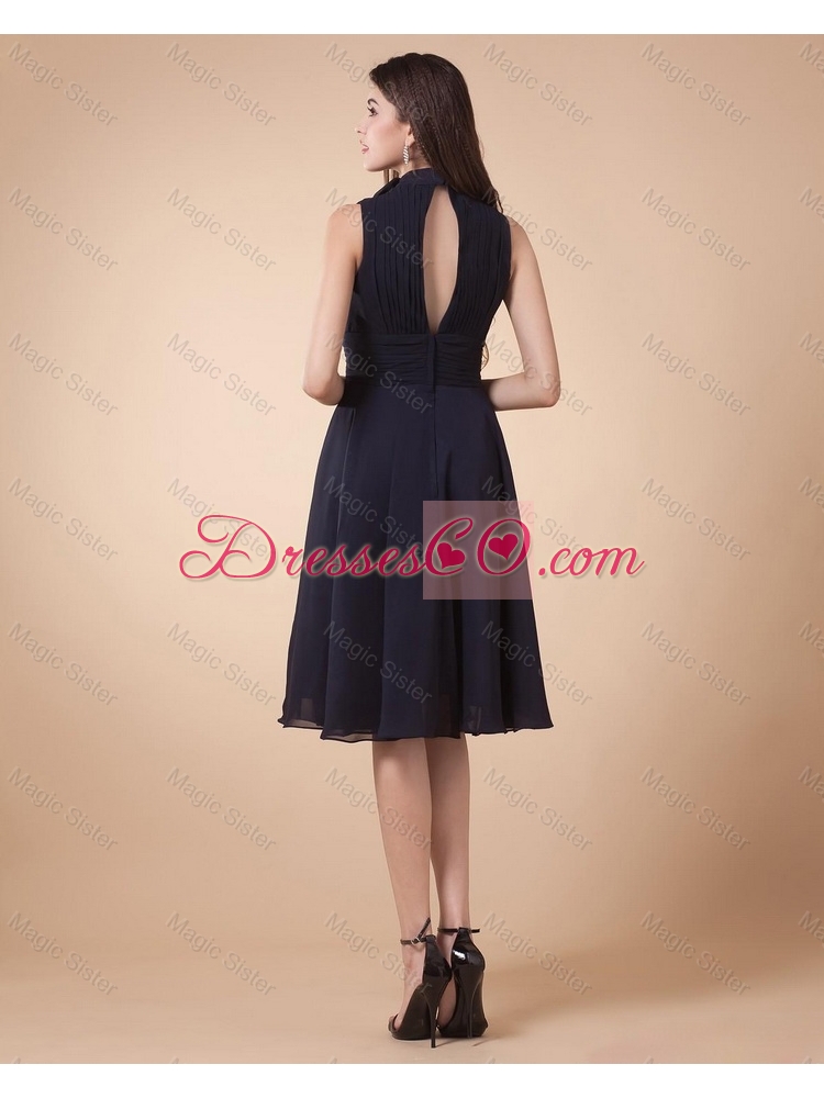 Beautiful Fashionable Discount Elegant High Neck Hand Made Flowers Prom Gowns in Navy Blue