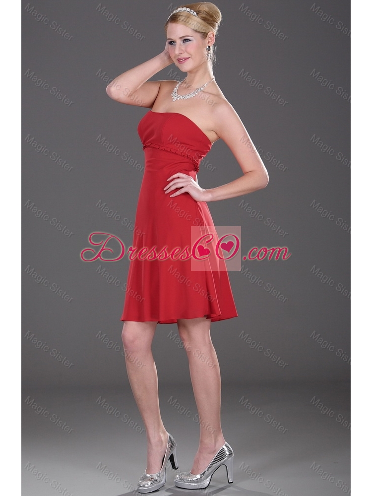 Cheap Mini Length Strapless Red Prom Dress with Ruching