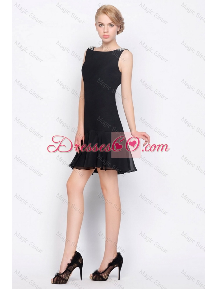 Cheap Short Bateau Beaded Chiffon Prom Dress in Black