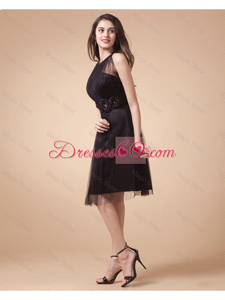 Classical Belt and Hand Made Flowers Short Prom Dress in Black