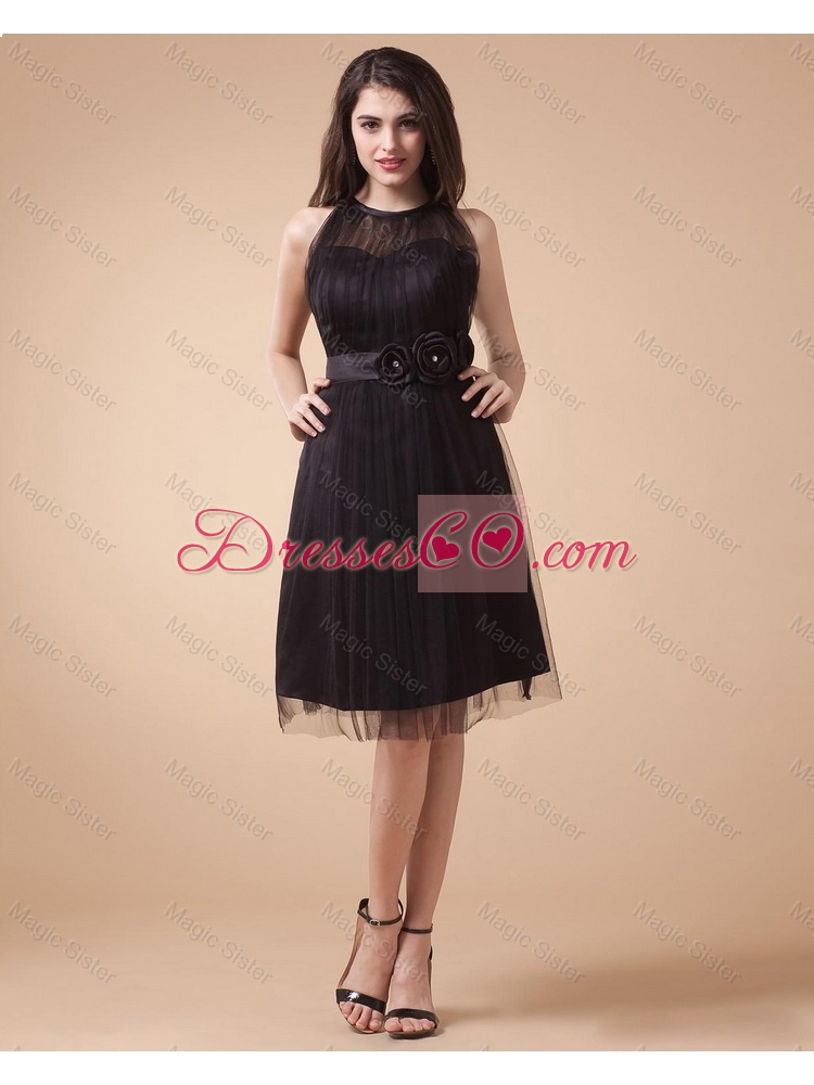 Classical Belt and Hand Made Flowers Short Prom Dress in Black