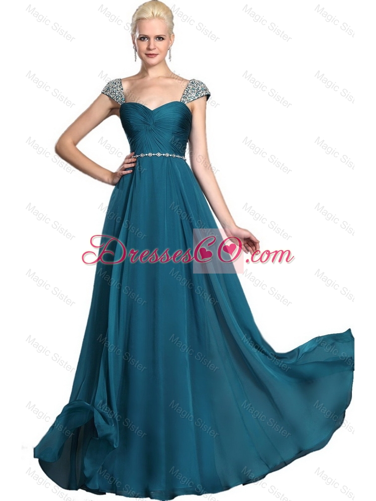Gorgeous Beaded Teal Cap Sleeves Prom Dress with Straps