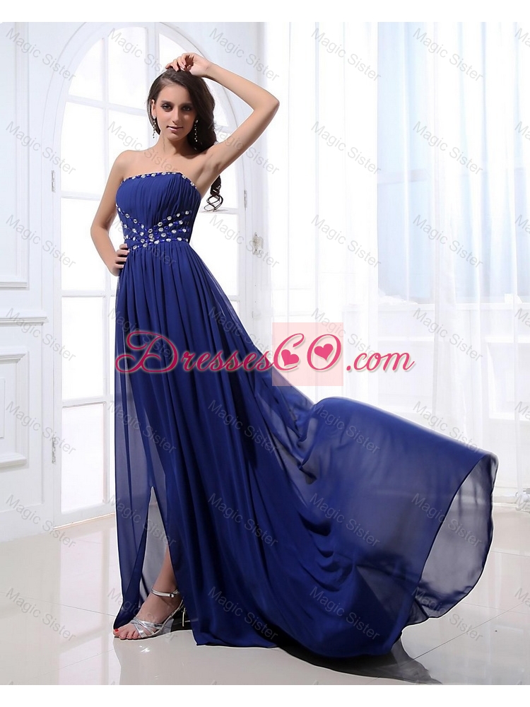 Gorgeous Beading Brush Train Strapless Prom Dress in Royal Blue