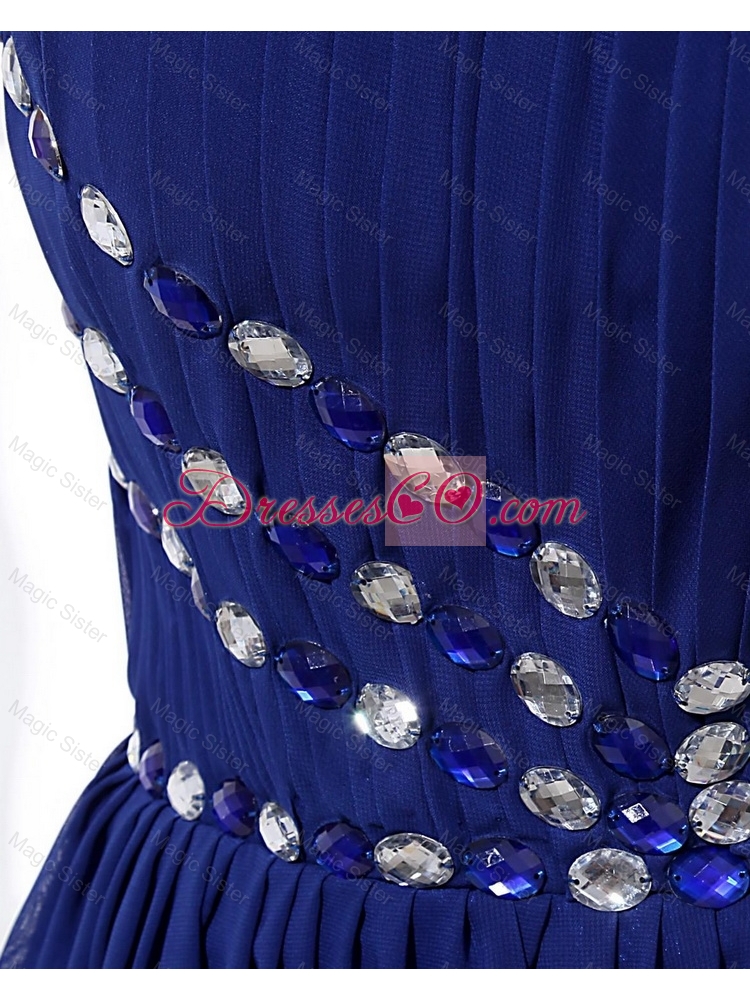 Gorgeous Beading Brush Train Strapless Prom Dress in Royal Blue