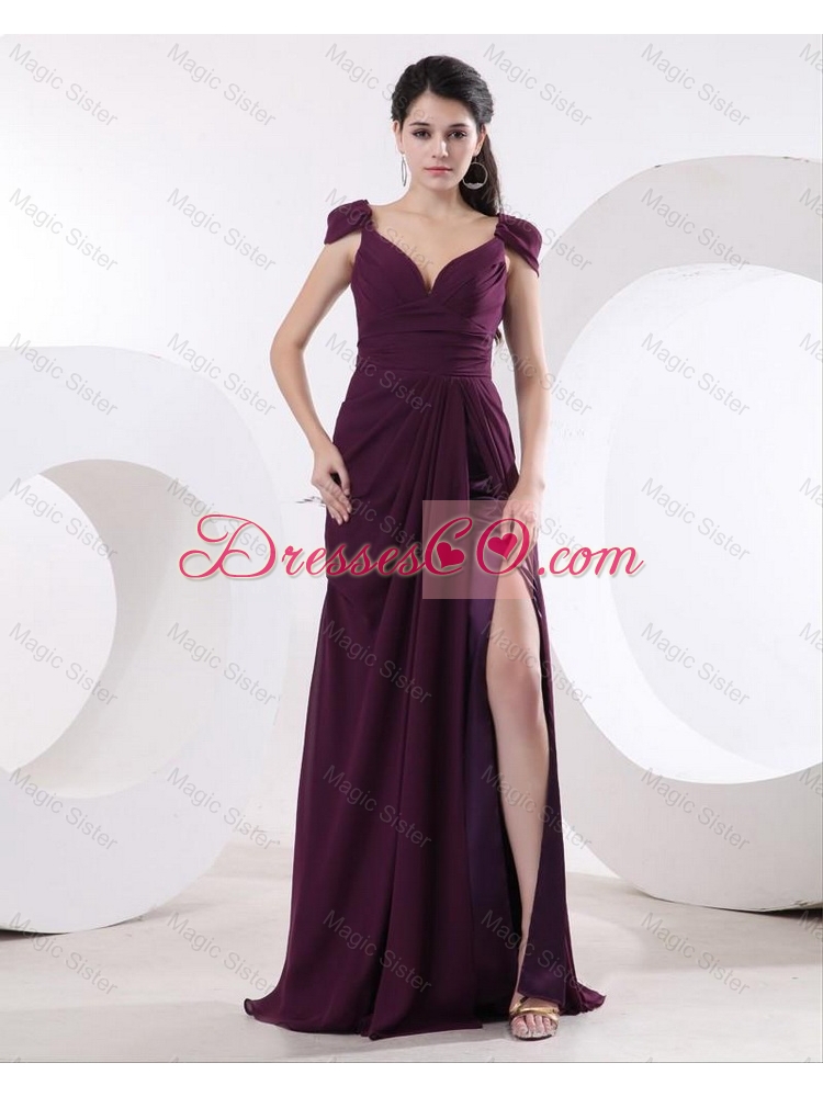 Most Popular Straps Brush Train Long Purple Prom Dress with High Slit