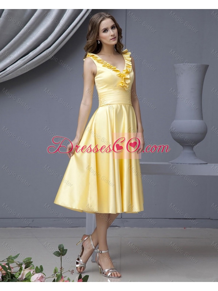 Perfect V Neck Yellow Short Prom Dress with Ruffles for Autumn