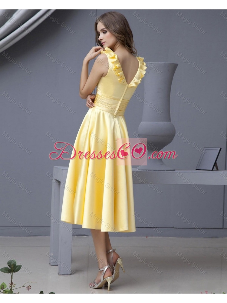 Perfect V Neck Yellow Short Prom Dress with Ruffles for Autumn