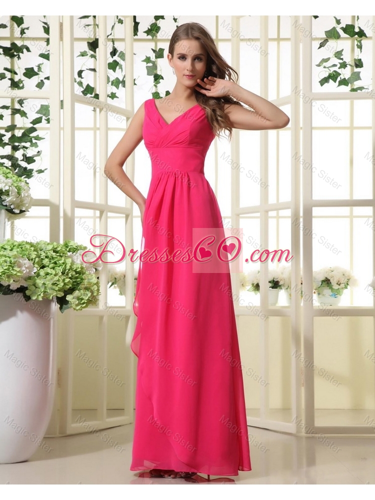 Popular New Style Discount Beautiful V Neck Empire Hot Pink Prom Dress with Ruching
