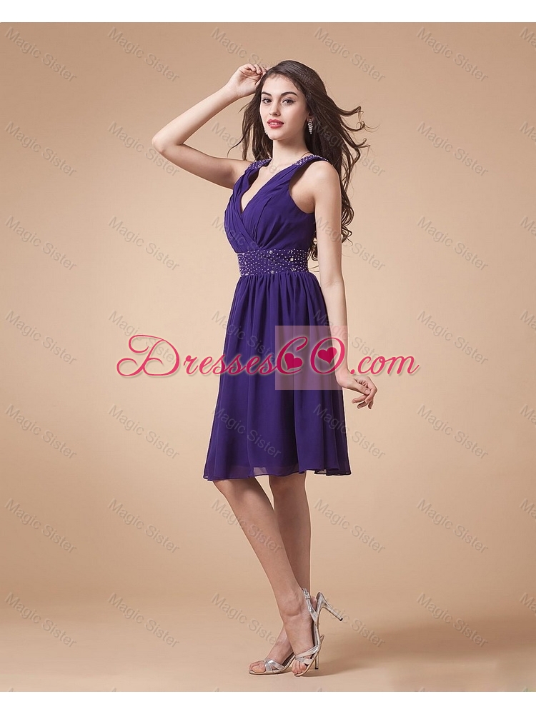 Popular New Style Discount Comfortable V Neck Beading Short Prom Dress in Eggplant Purple