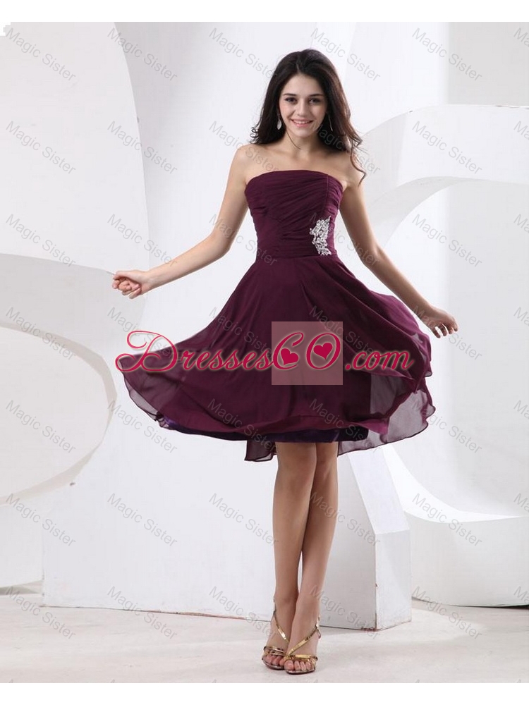 Popular New Style Discount Luxurious Strapless Brown Short Prom Dress with Appliques