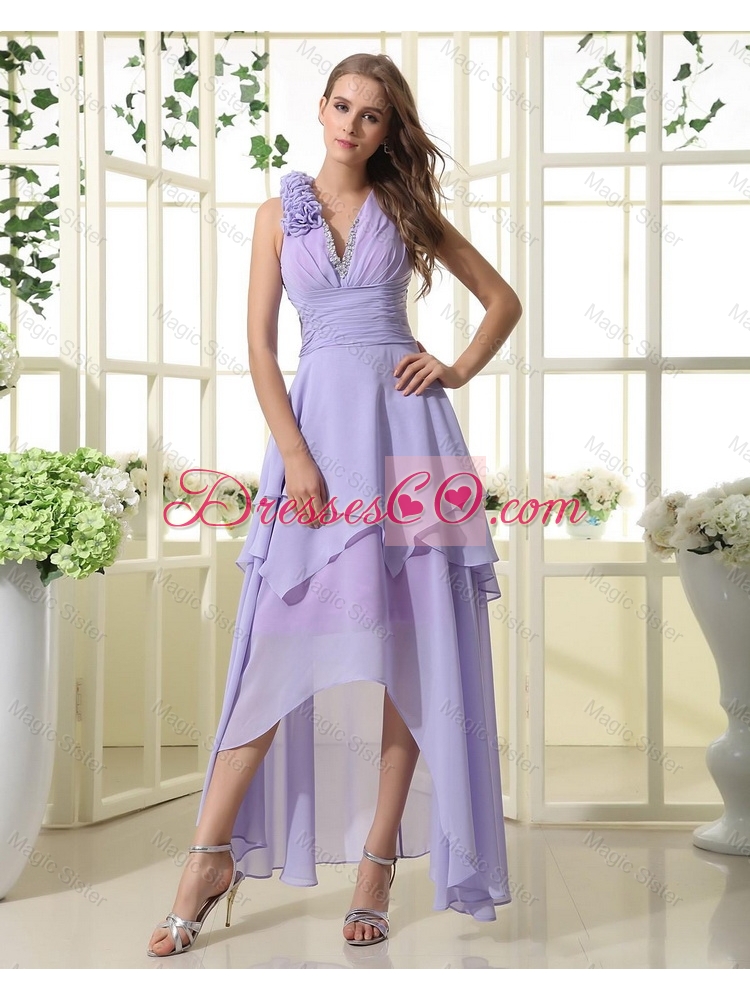 Pretty Empire V Neck Prom Dress with High Low in Lavender