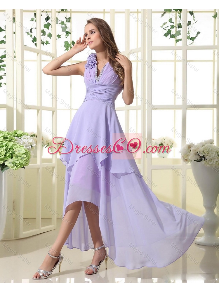 Pretty Empire V Neck Prom Dress with High Low in Lavender