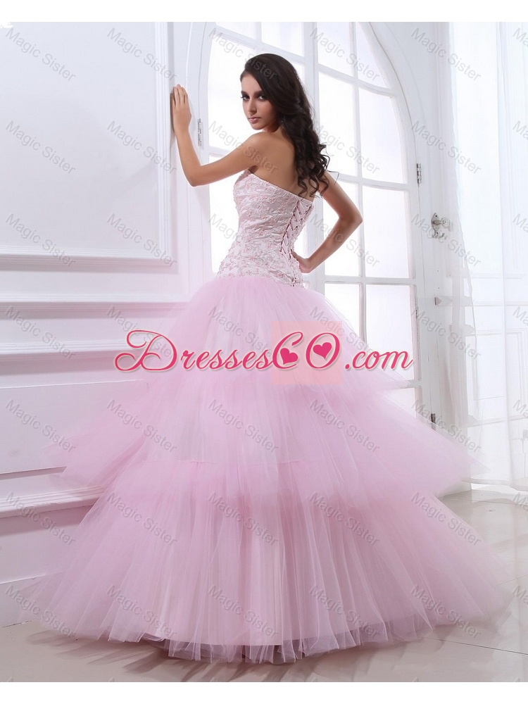 Wonderful Baby Pink Prom Dress with Sequins and Ruffled Layers
