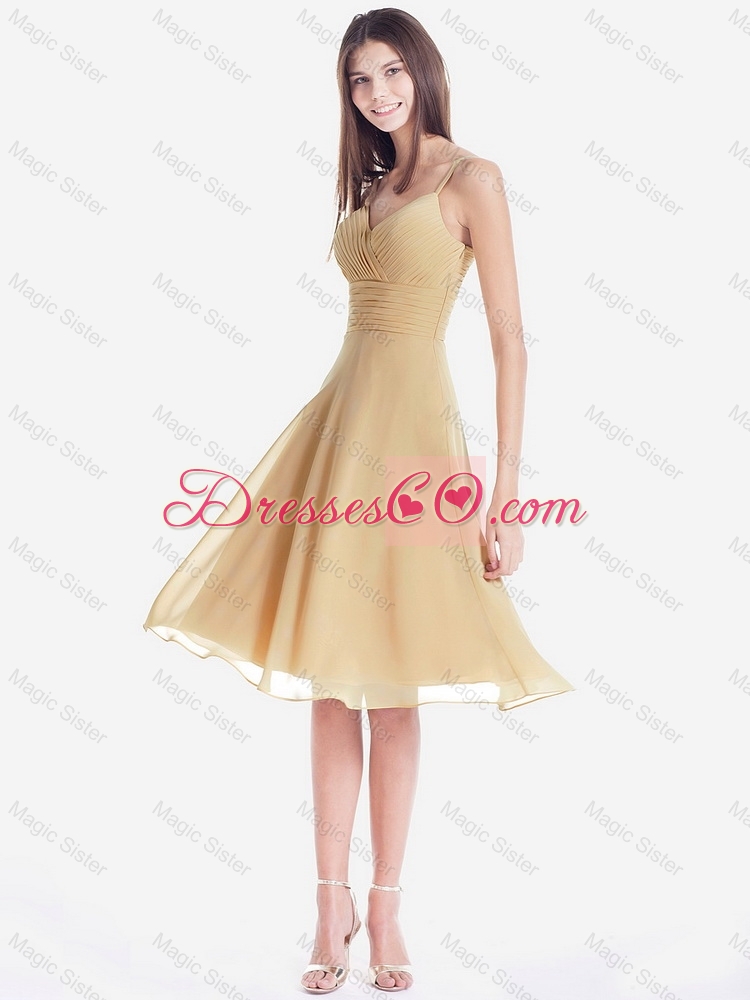 Classical Luxurious Discount Beautiful Champagne Short Prom Dress with Spaghetti Straps