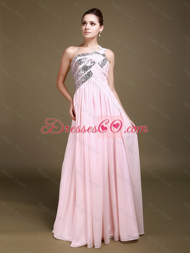 Classical Luxurious Discount Delicate One Shoulder Baby Pink Prom Dress with Sequins