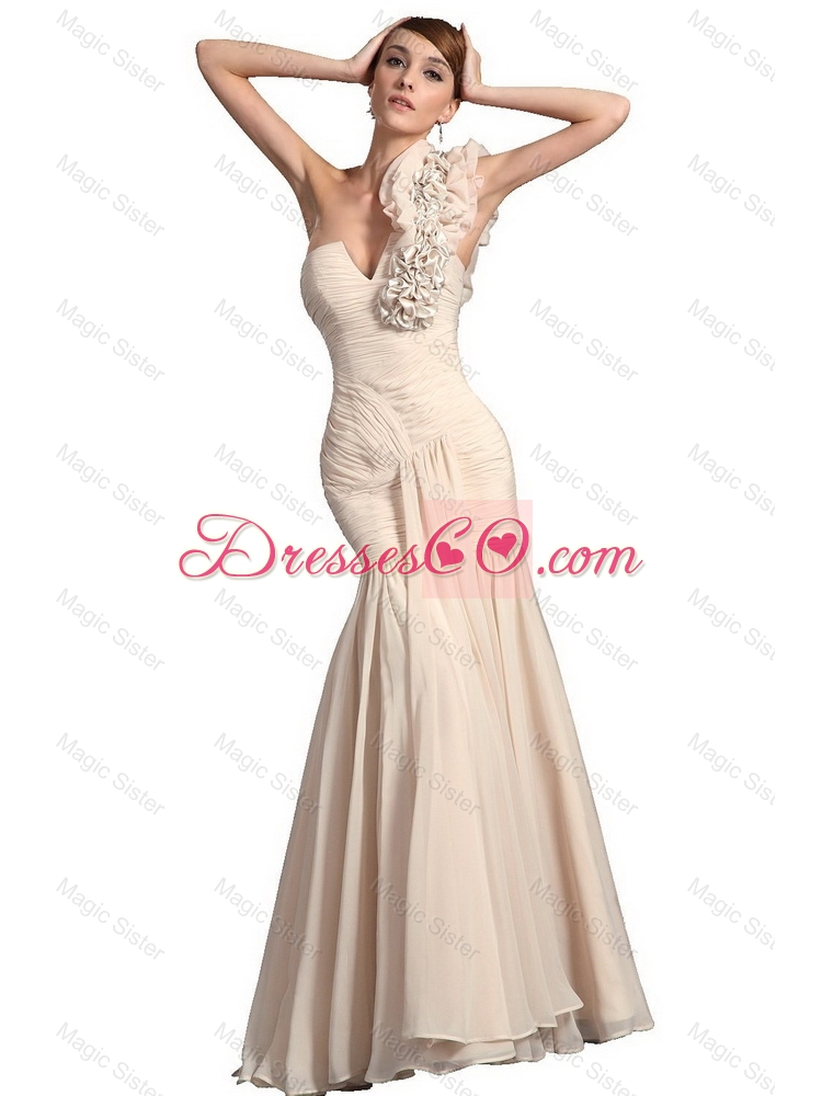 Perfect Pretty Discount Champagne Mermaid Prom Gowns with Hand Made Flowers