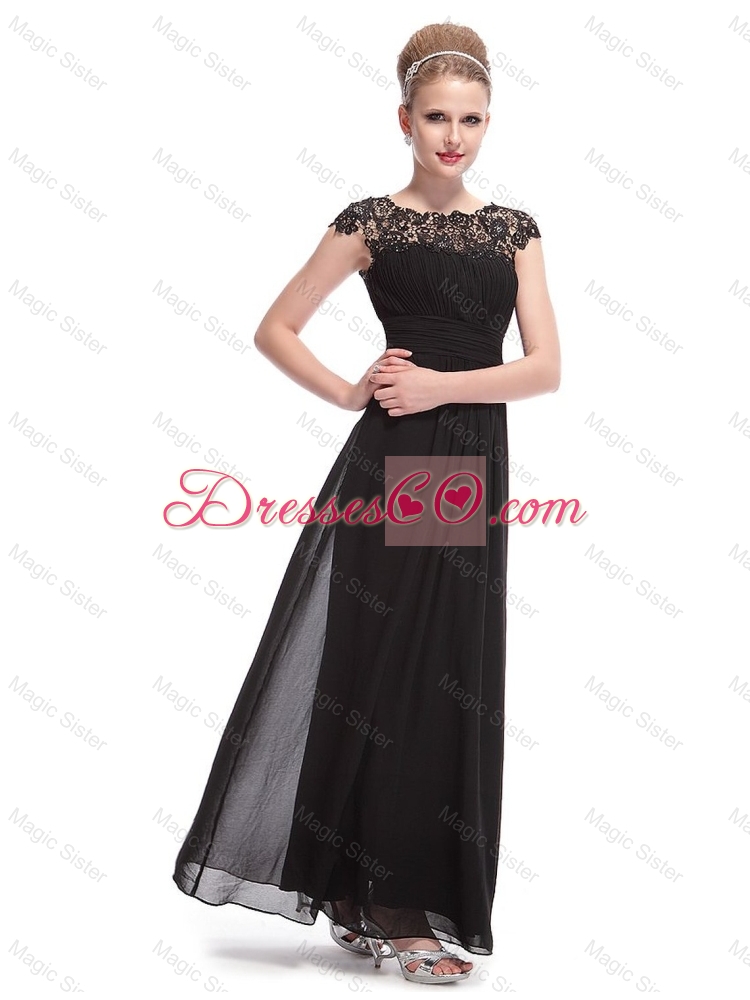 Cheap Lovely Latest Beautiful Bateau Black Prom Dress with Lace and Ruching