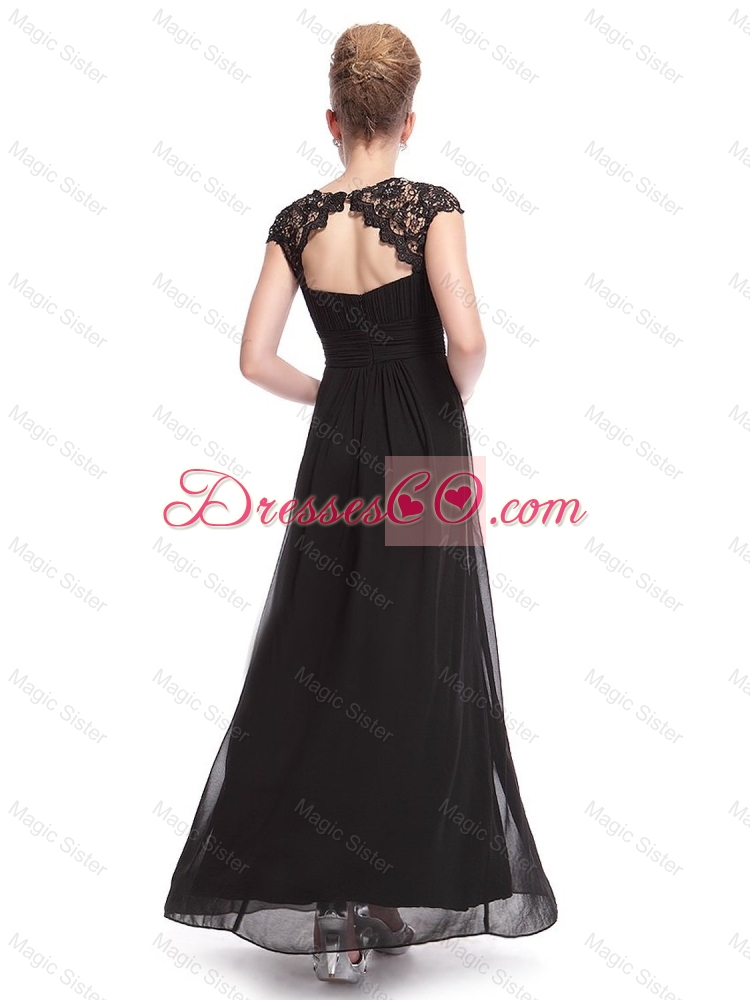 Cheap Lovely Latest Beautiful Bateau Black Prom Dress with Lace and Ruching