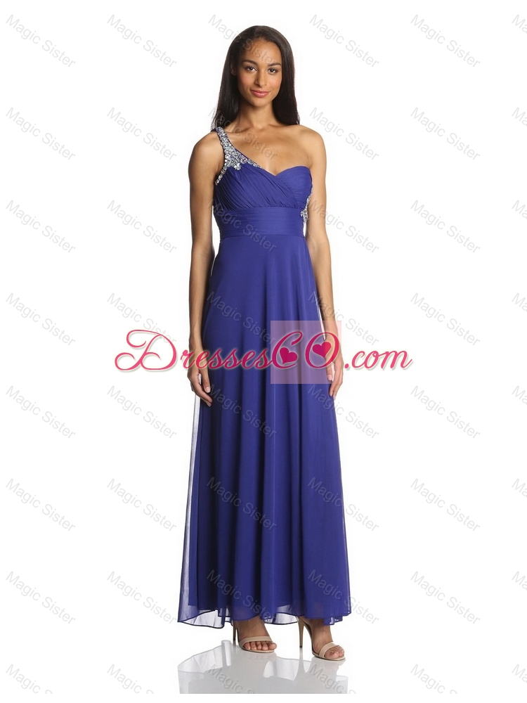 Cheap Lovely Latest Sexy Empire One Shoulder Ankle Length Chiffon Prom Dress in Blue