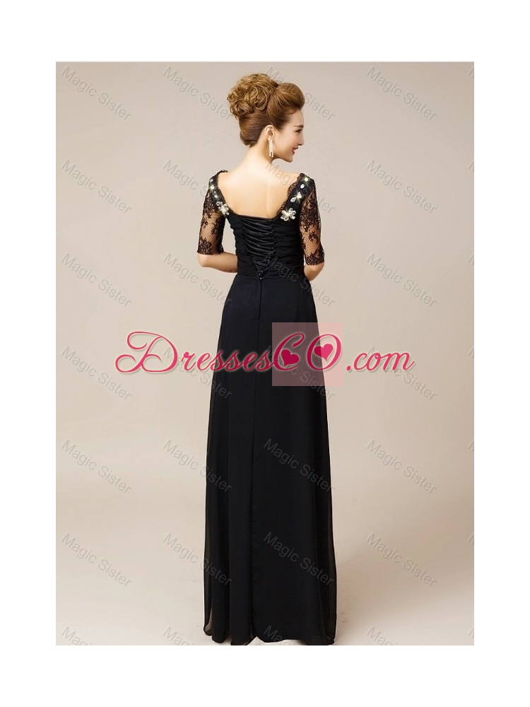 Elegant Latest Gorgeous Half Sleeves Laced Black Prom Dress with V Neck