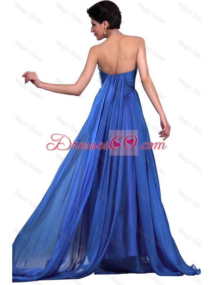 Perfect Ruched Blue Prom Dress with Brush Train