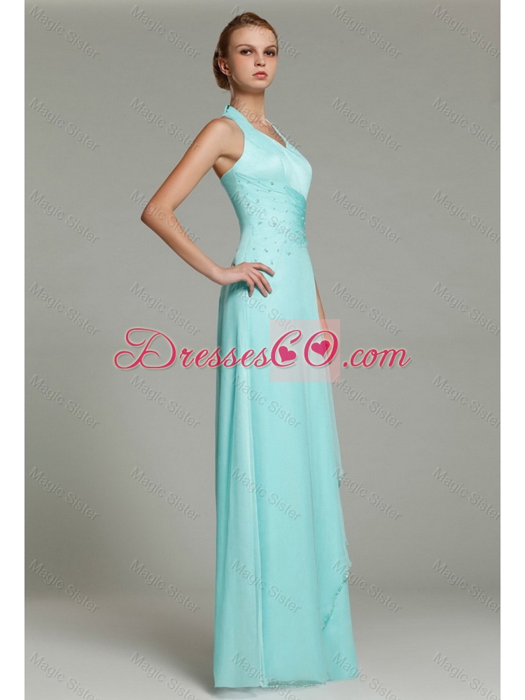 Unique Beaded Zipper Up Prom Dress with Halter Top