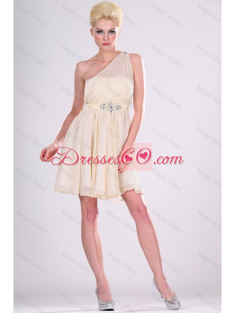 Beautiful One Shoulder Beaded Prom Dress in Champagne