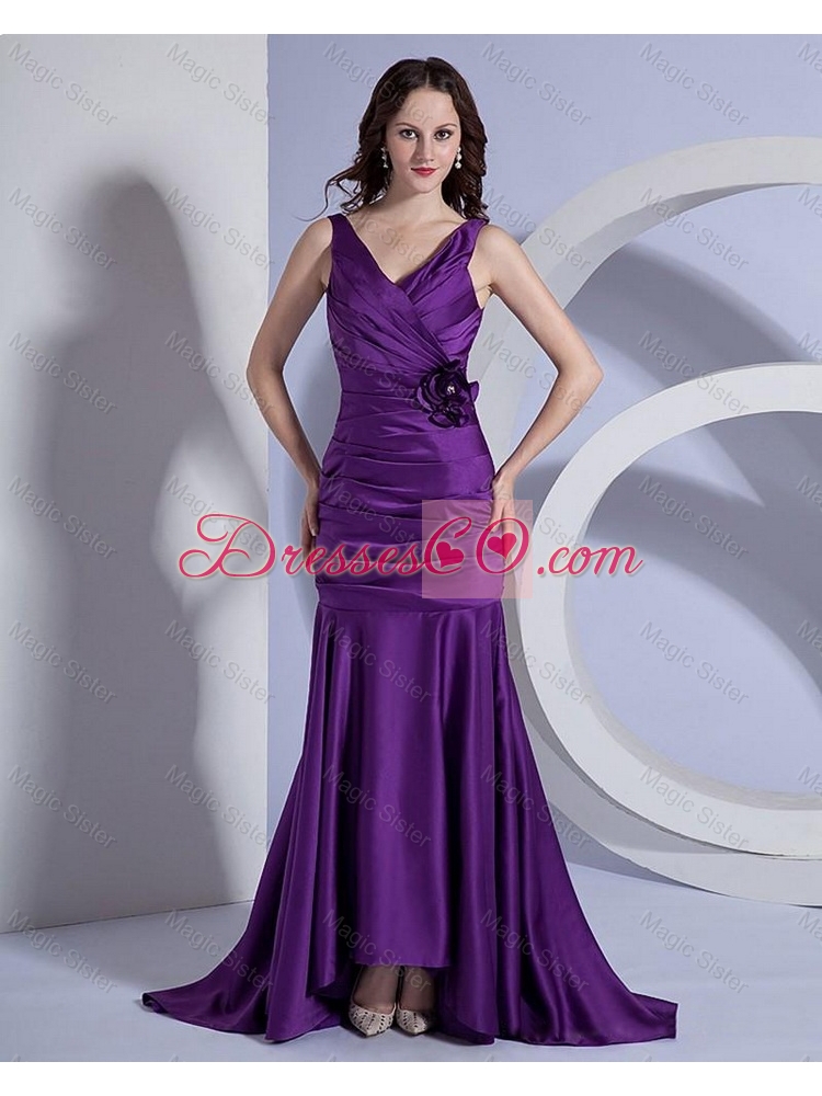 Classical Luxurious Latest Beautiful Column V Neck Prom Dress with Hand Made Flowers