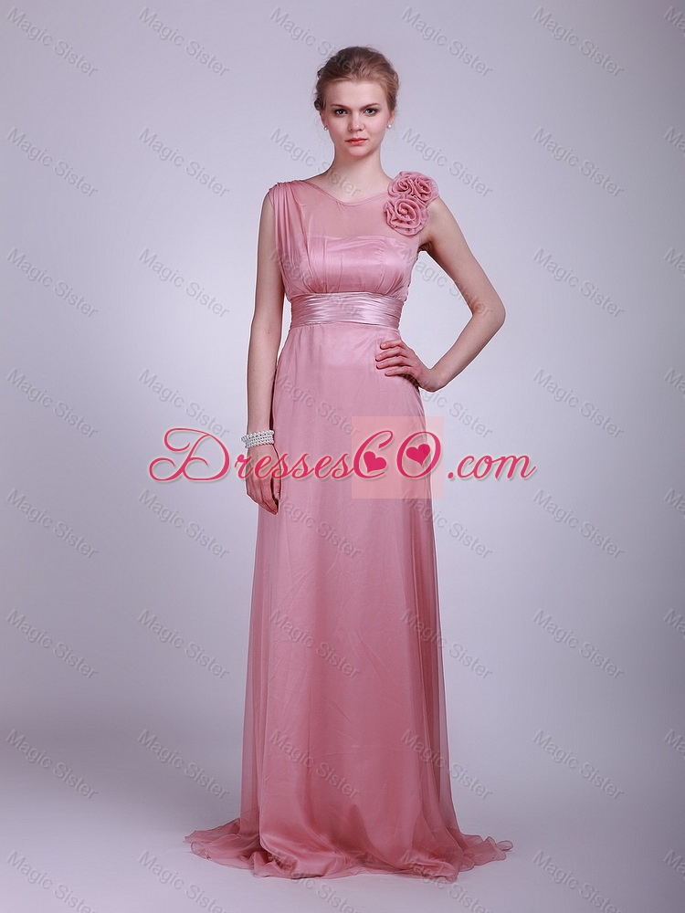 Elegant Latest Most Popular Hand Made Flowers and Belt Prom Dress in Pink