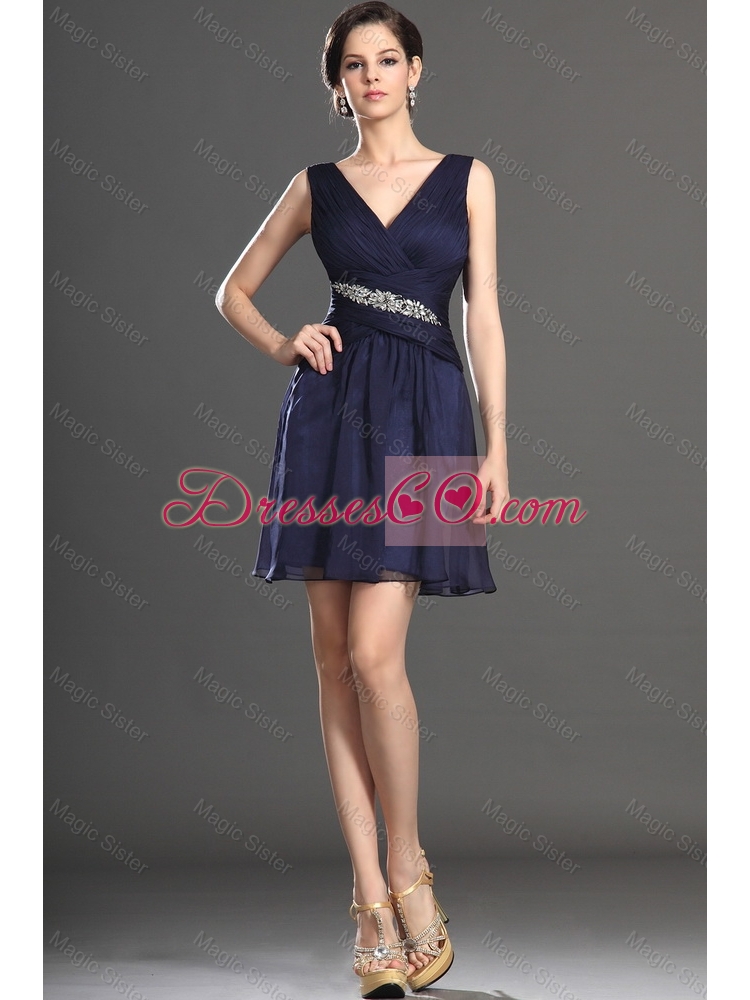 Classical Luxurious Latest Latest V Neck Short Navy Blue Prom Dress with Beading