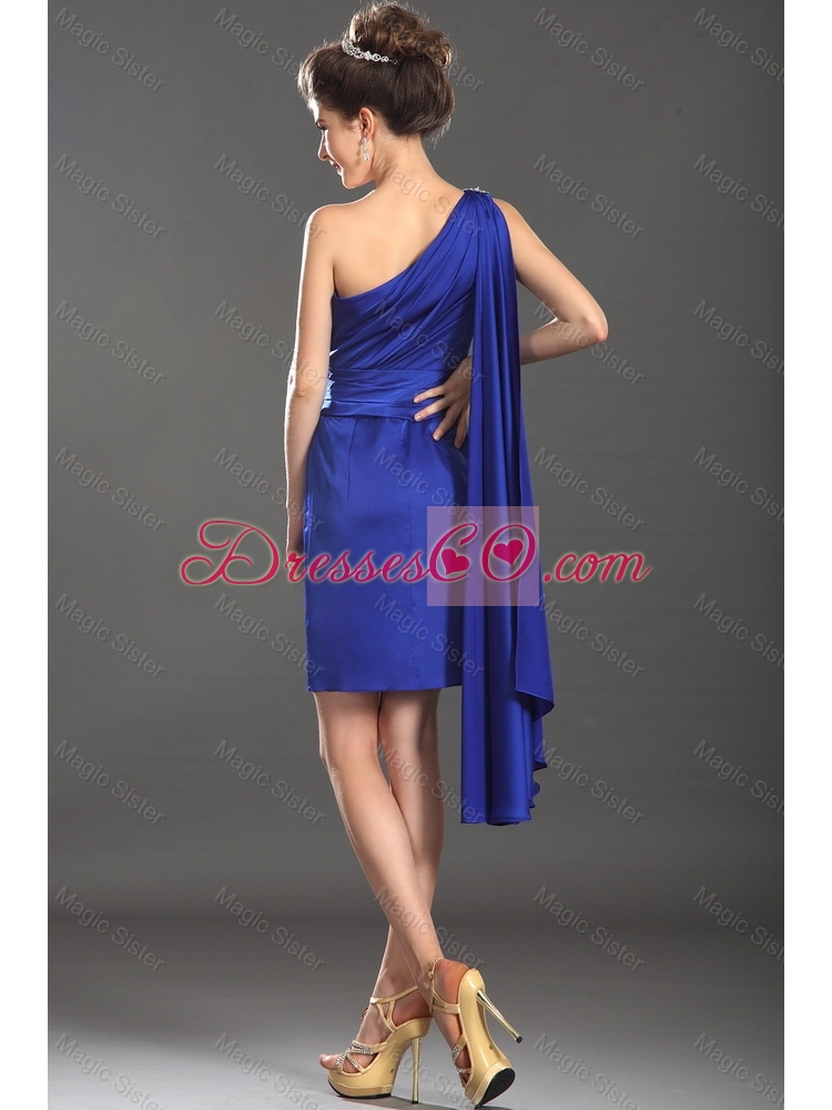 Classical Luxurious Latest Beautiful Column One Shoulder Blue Prom Dress with Beading