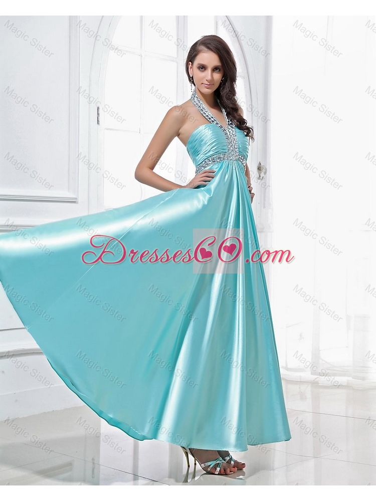 Classical Luxurious Latest Gorgeous Halter Top Beading Ankle Length Aqua Blue Prom Dresses