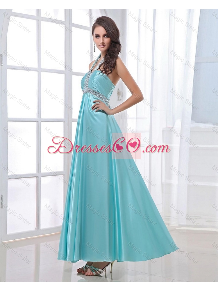 Classical Luxurious Latest Gorgeous Halter Top Beading Ankle Length Aqua Blue Prom Dresses