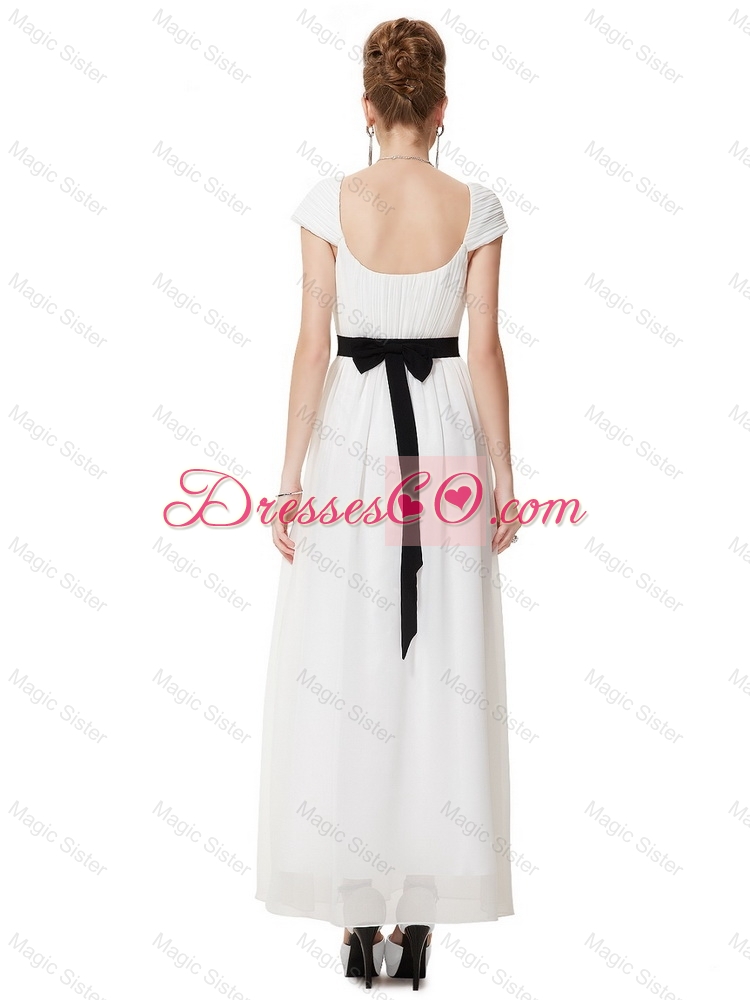 Exquisite Latest Pretty Empire Square Ankle Length White Prom Dress with Sashes